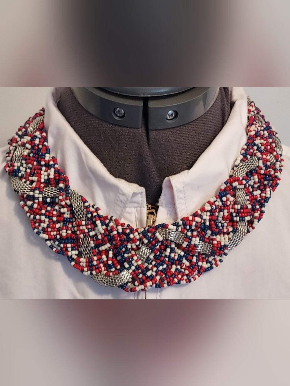 Barnabas Community Red White Blue Beaded Silvertone Mesh Statement Necklace 21in
